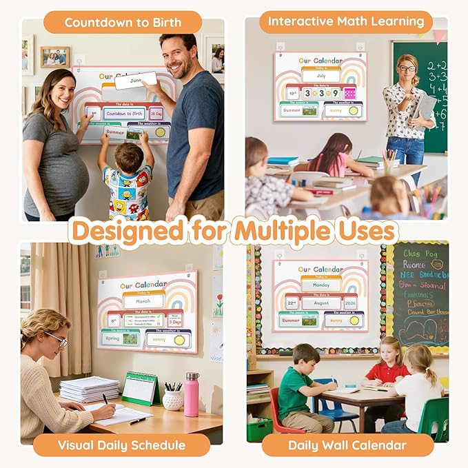 AKAYOK Classroom Calendar Pocket Chart with 70 Cards - Circle Time Calendar 2024-2028 with 2 Storage Pockets, Kids Calendar Perfect for Preschool and Homeschool Learning