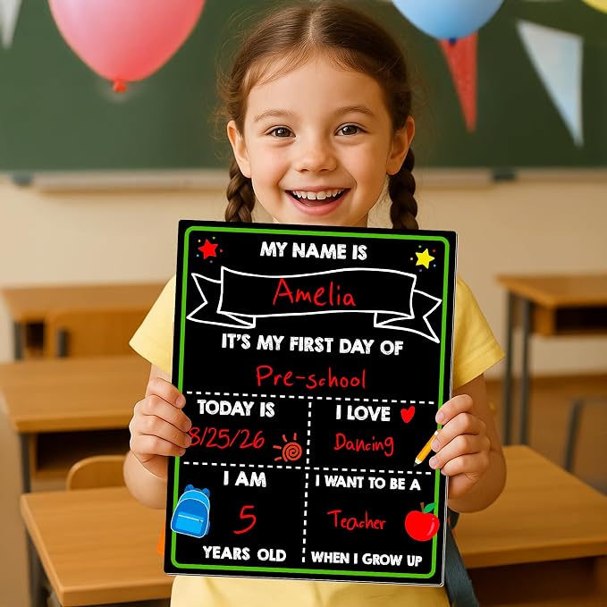 First Day of School Chalkboard, 14 x 11 in Paper Preschool Signs for Kids | Reusable Back to School Sign, Double Sided First Day of School Board, Easy Clean Blank Writing Board for Pre-k