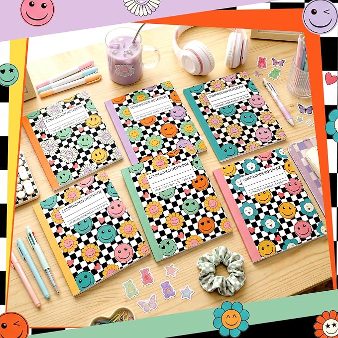 Fullhawl 6 Pcs Composition Notebook Wide Ruled Cute Preppy Black White Checkered Aesthetic Notebook for Back to School 110 Page 9-3/4 x 7-1/2" Journal Gift for First Day of School, Student, Teacher