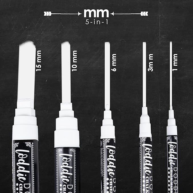 Loddie Doddie Liquid Chalk Markers - Pack of 5, Multi-Tip 1-15mm, White - Versatile Chalk Art for Blackboard & Window - Fine Tip Ink Pen for Intricate Designs - Erasable Dry Erase Markers
