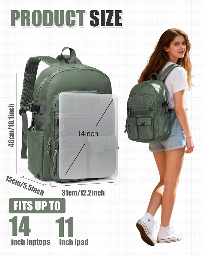 Aesthetic School Backpack for Women Men College Backpack With Lots Of Pockets Waterproof Travel Casual Daypack Cute Bookbag For Teens Girls Boys High School Bag(Green)