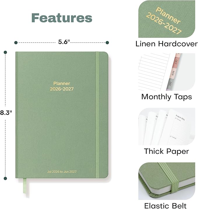 Planner 2026-2027 Monthly and Weekly Academic Planner July 2026 - June 2027, Linen Hardcover Agenda 2026-2027 Calendar Daily Planner for Student Teacher with Monthly Tabs, 6" x 8.3", Cream Green