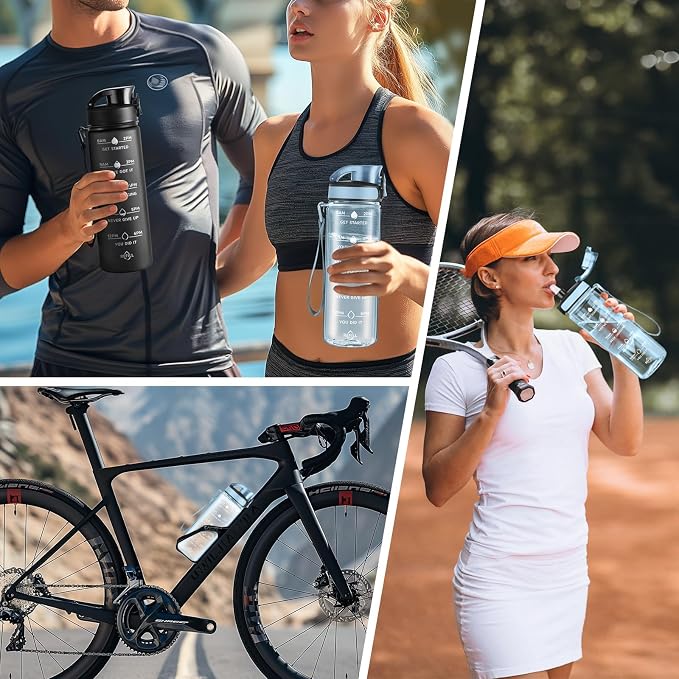 Enerbone Water Bottle, Leakproof BPA & Toxic Free, Motivational Water Bottle with Times to Drink and Straw, Fitness Sports Water Bottle with Strap for Office, Gym, Outdoor Sports