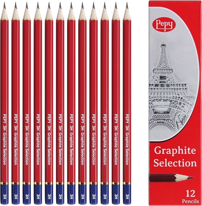 Pepy Graphite Professional Drawing Pencils - Set of 12 3H Pre-Sharpened Black Lead Pencils; Perfect for Drawing, Sketching and Shading, Graphic and Fine Art