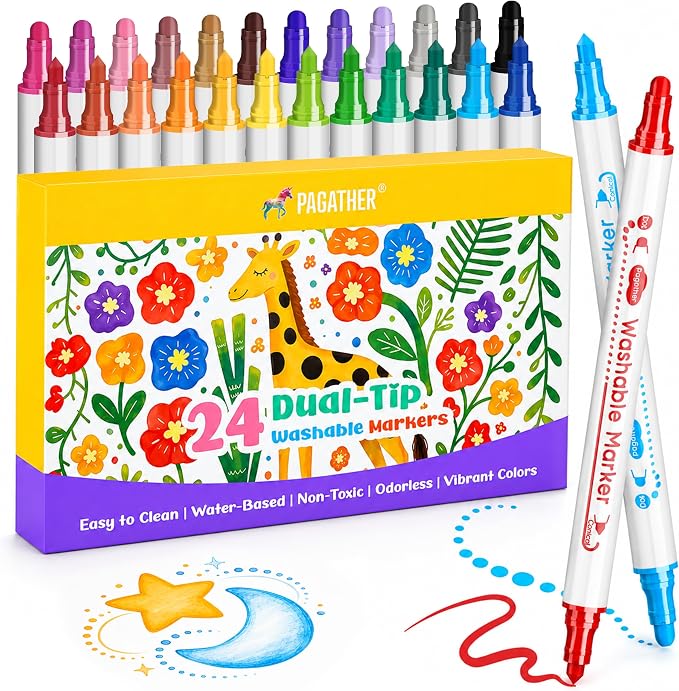 Pagather Washable Markers, 24 Colors Dual Tip Dot & Conical Pens for Kids