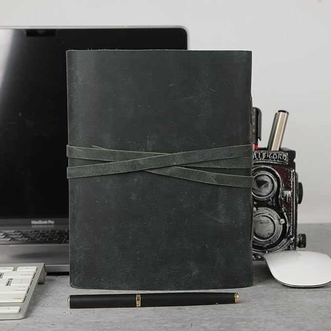 KomalC Handmade Leather Journal 8x6 Inch | Blue Vintage Notebook with Unlined Pages | Antique Travel Diary, Writing Sketchbook for Men & Women