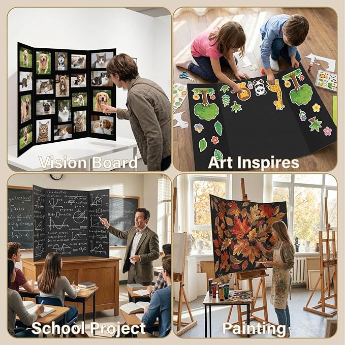 VinTS 36" x 48" Large Trifold Poster Board,8 Pack Black Corrugated Project Boards,Study Tri Fold Poster Board for Science Fair, School Projects,Photo Displays