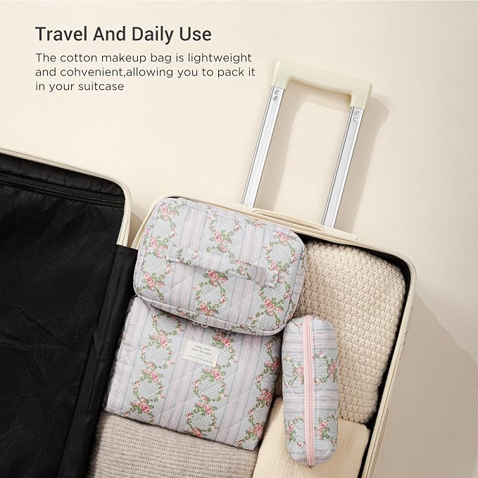 HBselect Quilted Makeup Bag, 3Pcs Cotton Large Travel Makeup Bags Organizer | Cute Floral Make up Bag Cosmetic Bag Toiletry Bag for Women Girls, Makeup Pouch for Skincare, Brushes & Travel Essentials