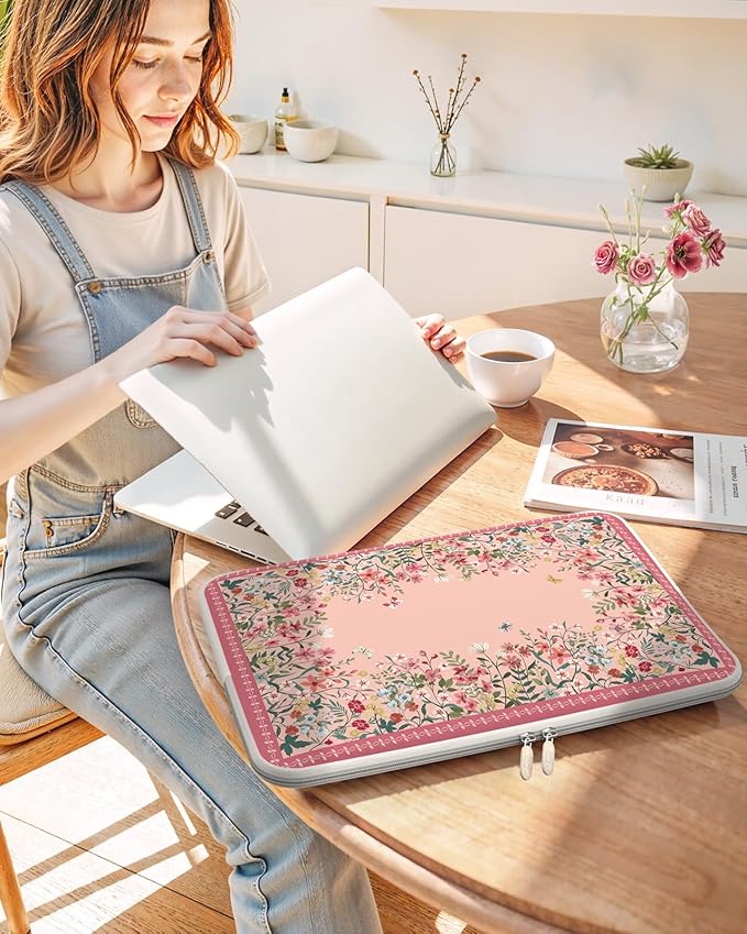 iCasso Pink Laptop Bag 13 inch,Cute Computer Sleeve Bag for Women,13-13.6 inch Laptop Carrying Case Compatible with MacBook Neo/Air/Pro 13-14 Sleeve, HP Dell ASUS Lenovo Chromebook Notebook,Floral