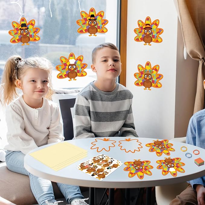 Renbuzhu 36PCS Thanksgiving Crafts Bulk: Turkey Paper Suncatchers DIY Kit for Fall Activities Decorations, Window Stained Glass Effect Art Supplies