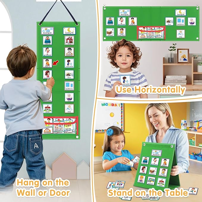 ALSLEA Visual Schedule for Kids with Autism Chore Chart for Kids Daily Routine Chart Autism Learning Materials Toddler Planning Board Visual Schedule for Classroom, Home with 124 Cards (Green)