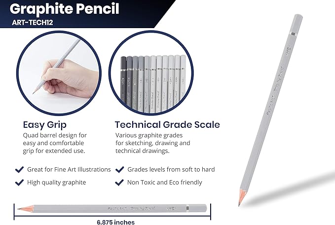 Pacific Arc Premium Graphite Drawing Pencils for Artists, Soft Pack - Professional Pencils for Drawing, Drafting, Sketching and Shading 12 Pk. - Great Non Toxic Art Supplies Set