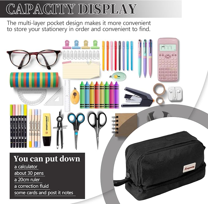 Zzrywuty Large Capacity Pen Pencil Case Multi-Slot Pencil Pouch Bag,Black Pencil Case Large 4 Compartments,Organizer Marker Pouch Pen for Office College School Teen Girl Boy Men Women