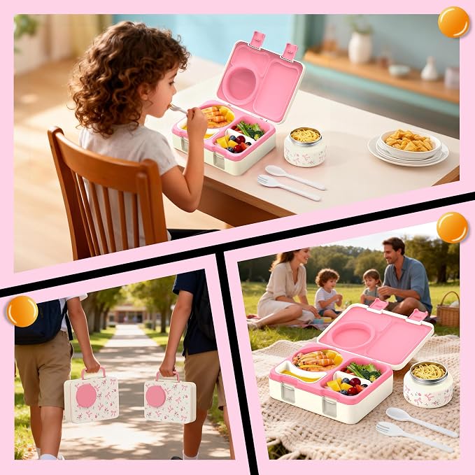 Kids Insulated Lunch Box with 8OZ Thermo Food Jar | Leakproof Bento Box with Ice Pack Sauce Cup Utensils Removable Tray & Dividers for School Daycare Travel, Floral Bows