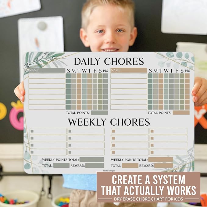 Hadley Designs Magnetic Chore Chart for Kids Multiple - Chores Board for Refrigerator, Dry Erase Task Chart for 2 Kids Daily Behavior, Family Weekly Planner for Teens and Adults, Greenery Chore Board