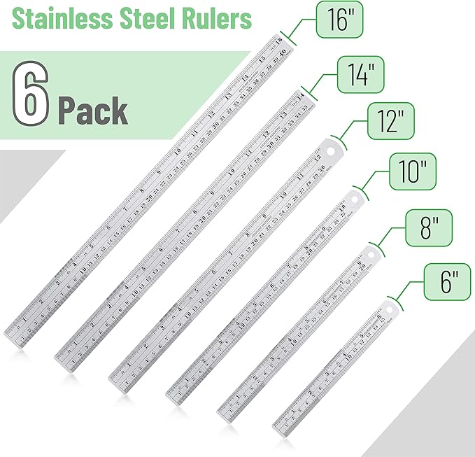 Mr. Pen- Metal Straight Edge Ruler, 6 pcs, 6", 8", 10", 12", 14", 16", Stainless Steel Ruler Set, Imperial & Metric Measurements for Drawing, Home, Office, Engineering