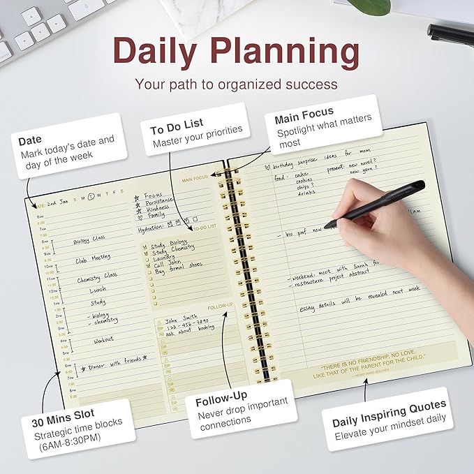 AuroPlanner Undated Daily Planner To Do List Hourly Schedule 2028 2027 2026 Calendar & Holiday Habit Tracker 180 Pages Letter Size 8.5" x 11" Sheets Hardcover Spiral Bound Notebook (Red)