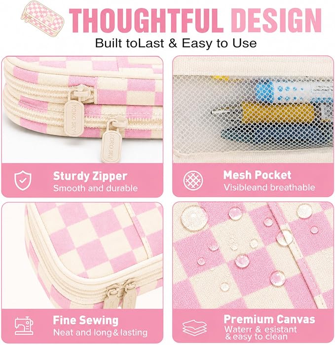 Pencil Case, Large Capacity Aesthetic Pencil Cases with Durable Zipper, Big Stationery Pencil Pouch for Women & Men , Adults Portable Storage Organizer Bag for College, Office, Travel (Pink Grid)