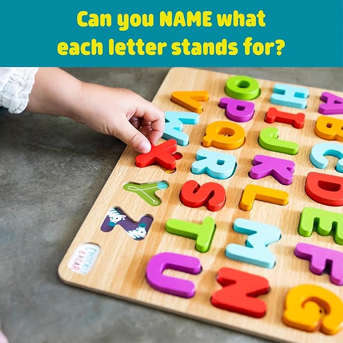 Chuckle & Roar Wooden ABC & 123 Puzzles - Pack of 2, Ages 3+ - Peek-A-Boo Hidden Art Alphabet Toys - Durable Wooden Letters for Fine Motor Skills - Self-Paced Toddler Puzzles for Early Learning