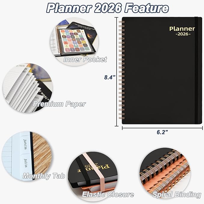2026 Daily Planner, Jan.2026-Dec.2026, 6.2" x 8.4", 2026 Planner Weekly and Monthly, Calendar Planner 2026 with Tabs & Pocket, 100GSM Thick Paper, Black