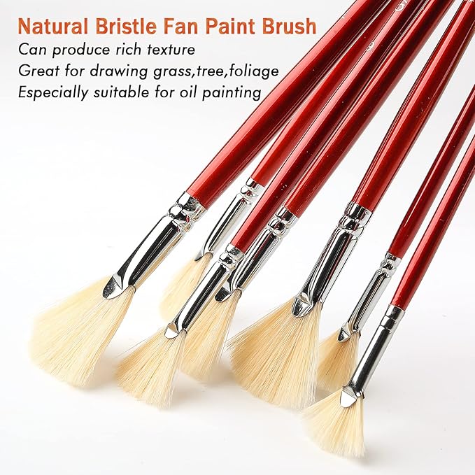 GACDR Fan Brush for Painting, 7 Pieces Fan Brush Set with Hog Bristle Natural Hair and Long Wood Handle, Professional Artist Fan Brushes for Acrylic Painting,Oil Watercolor Painting