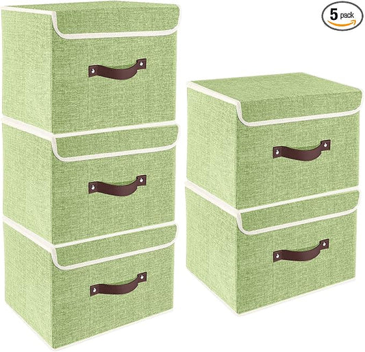 TYEERS Foldable Storage Boxes with Lids 5 Pack Fabric Storage Bins with Lids, Closet Organizers for Clothes Storage, Room Organization, Office Storage, Toys - Green