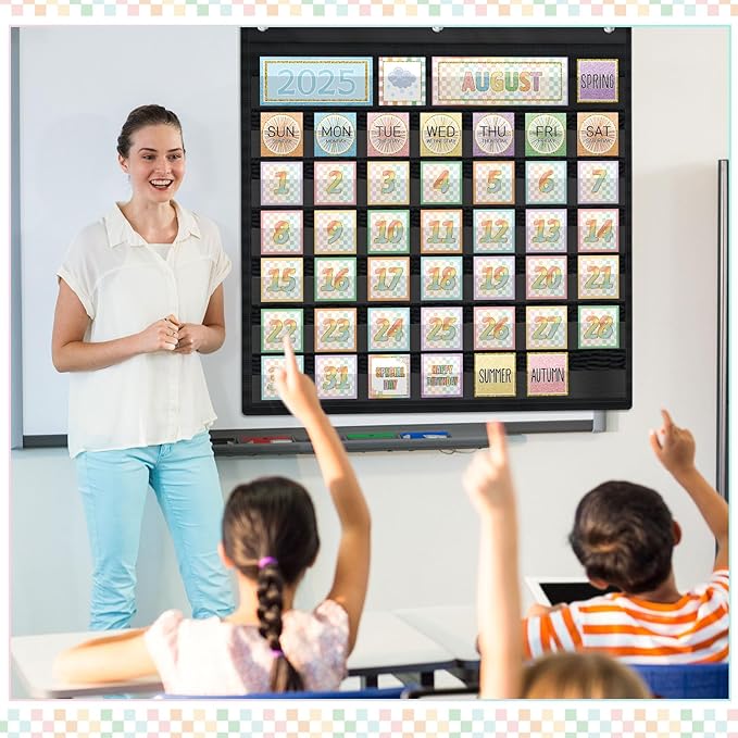 119 Pcs Classroom Calendar Pocket Chart Black Monthly Bulletin Board Set Seasons Festival Weather Farmhouse Calendar Set for Classroom Decoration Back to School Supplies(Pastel Checkerboard)
