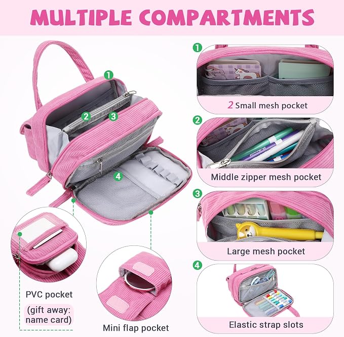 Pencil Case Corduroy Multiple Compartments Pouch Bag for Girl, Hot Pink