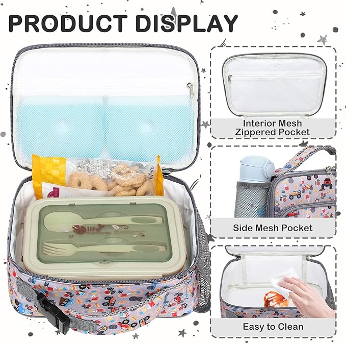 FlowFly Kids Lunch box with buckle Insulated Cooler Back to School Thermal Meal Tote Kit for Girls, Boys, Truck