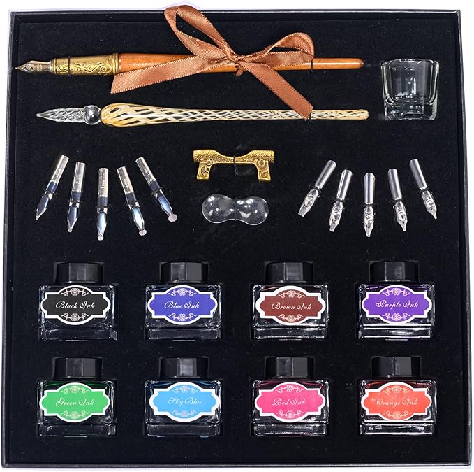 Calligraphy Pen Set，Vintage Fountain Wooden Glass Dip Pen Ink Writing Pen with 8 Colors of Ink 10 Types of Replaceable Nibs 2 Pen Holders Exquisite Present for Beginners