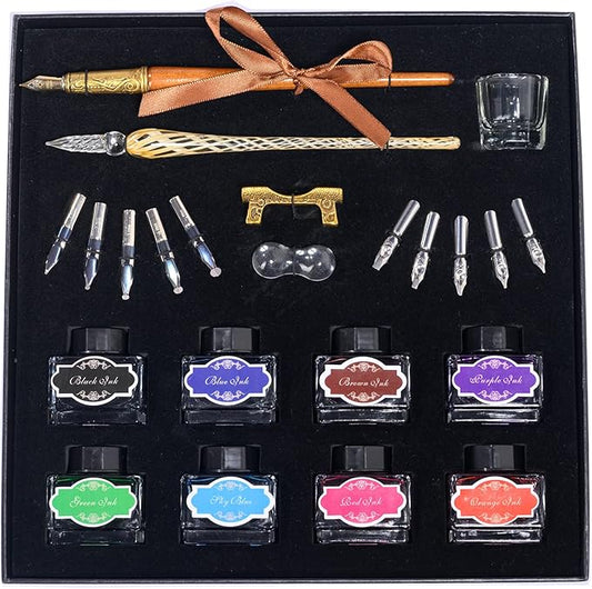 Calligraphy Pen Set，Vintage Fountain Wooden Glass Dip Pen Ink Writing Pen with 8 Colors of Ink 10 Types of Replaceable Nibs 2 Pen Holders Exquisite Present for Beginners