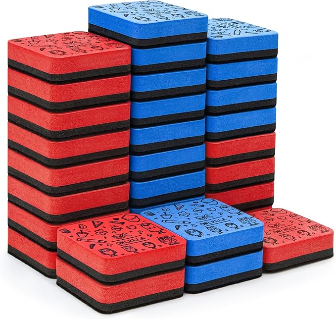 OWLKELA 30Pcs Dry Erase Erasers, Magnetic Whiteboard Eraser, Mini Whiteboard Cleaning Pads for Classroom, Office and Home, Blue&Red