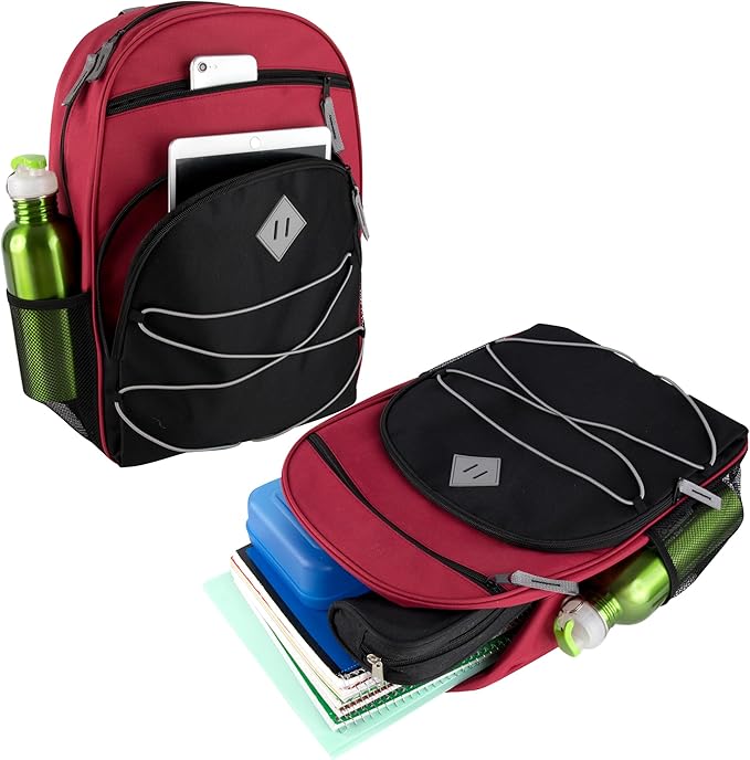 Summit Ridge Backpacks with Bungee Cord Front | 17” Multi Pocket Backpack for Adults, College, Travel (Red/Black)