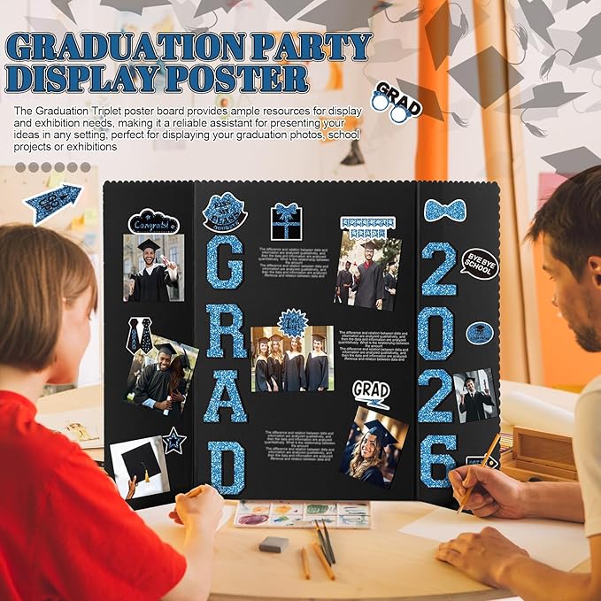 MiniInflat 4 Set 2026 Graduation Picture Trifold Poster Board Double-Sided Foldable Photo Display Board Graduation Decoration for Class of 2026 High School College DIY Craft(Blue,24 x 32 Inches)
