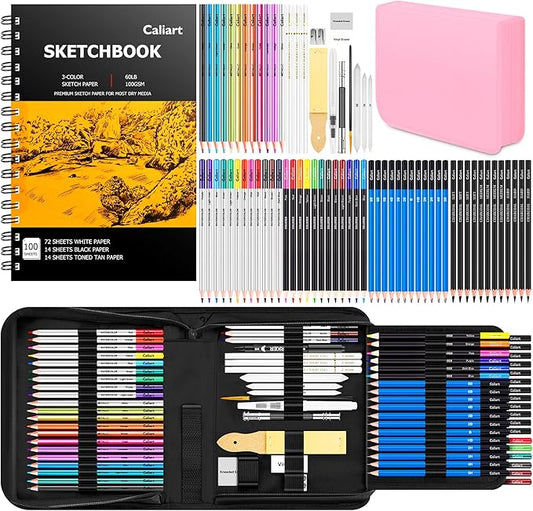 Caliart 176PCS Art Supplies Sketching Kit with 100 Sheets 3-Color Sketch Book, Graphite Colored Charcoal Watercolor & Metallic Pencils, Drawing Supplies Set Gifts for Artists Adults Beginners