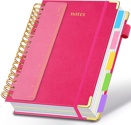 Hardcover Spiral Notebook 8.5"x11" Journal Notebook with Tabs and Removable Dividers 300 Pages 5 Subject Notebook College Ruled, Faux Leather Spiral Bound Notebook for Women School Work (Rose Red)