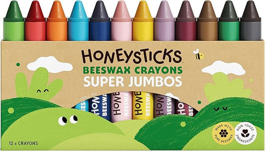 Honeysticks Super Jumbo Crayons (12 Pack) - 100% Pure Beeswax, Non Toxic Crayons for Toddlers 1-3, Extra Large Crayon Size, Easy to Hold and Use, Unbreakable Toddler Crayon, Eco-Friendly
