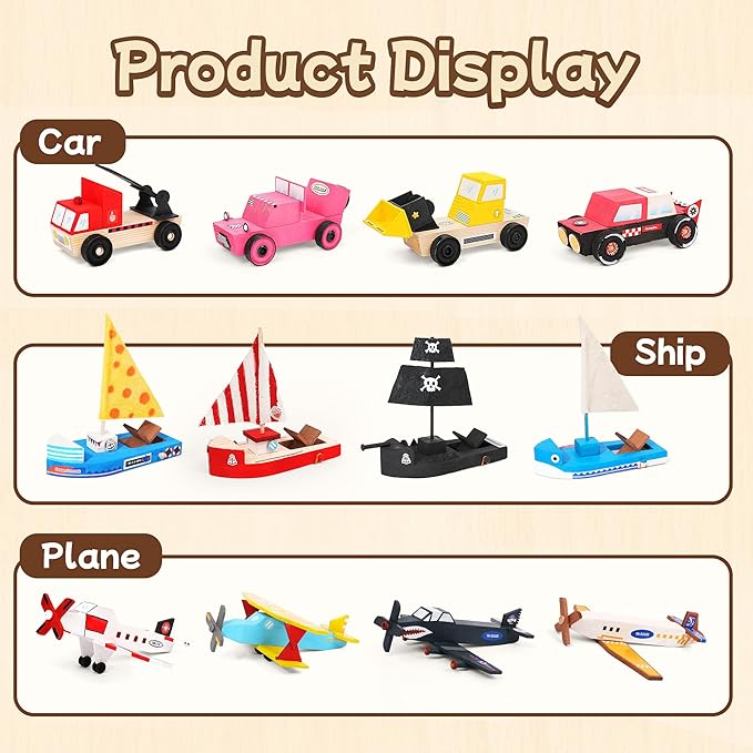 Wooden Build Paint Art Crafts Kit 3 Pack, Make Your Own Car Boat & Plane DIY Craft Toys for Kids Boys, STEM Educational Toy Set for Kids Ages 4-8, 8-12