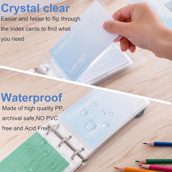 3×5” index card Binder organizer with Plastic pocket Sleeves, small organized folder for recipes Flashcards,portable notecards case holder (2pcs Clear)