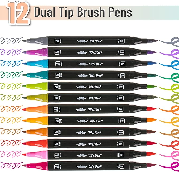 Mr. Pen- Dual Tip Brush Pens, 12 pcs, Vibrant Colors, Brush and Fine Tip Marker, Dual Tip Markers, Art Markers for Adults