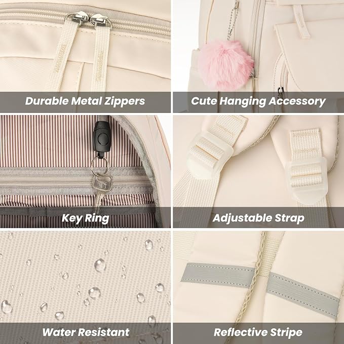 WINDARS School Backpack for Teen Girls, Cute College Backpacks for Women Students Aesthetic Bookbag Large 15.6 Inch Laptop Bag Middle School Travel Back Pack (Beige)