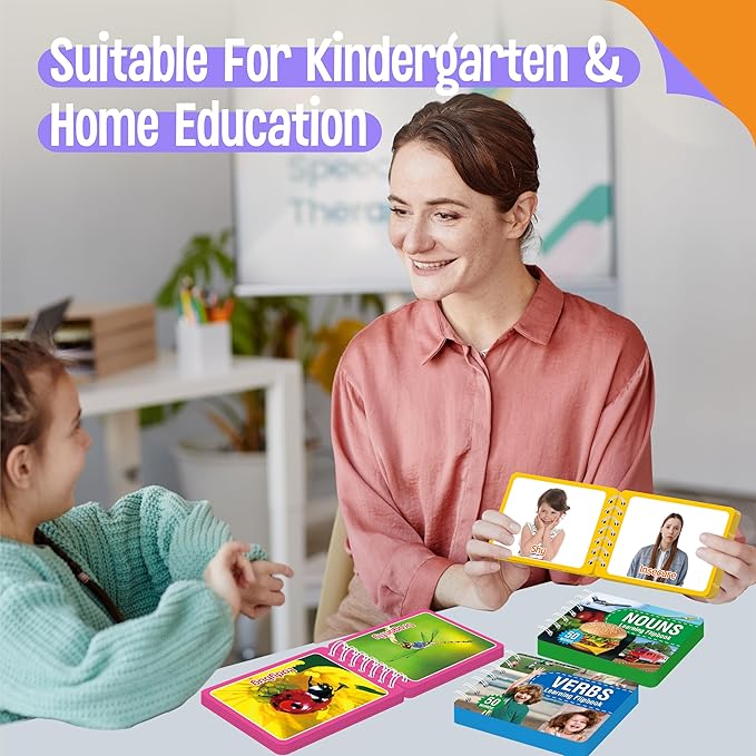 4 Flipbooks for Learning Words, Mini Book Set with Real Pictures, Vocabulary Builder to Learn Verbs, Nouns, Foods, Animals, Double Sided Printed Word Learning Flipbook, Early Educational Tool For Kids