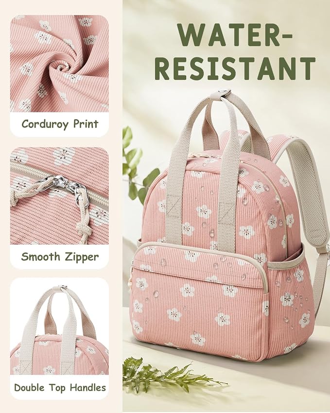 Corduroy Toddler Backpack for Preschool Boys Girls Ages 2-4 | 12 Inch Water-Resistant Small Kids Backpack for School & Travel, Lightweight Daycare Bookbag(Medium,Pink Floral)