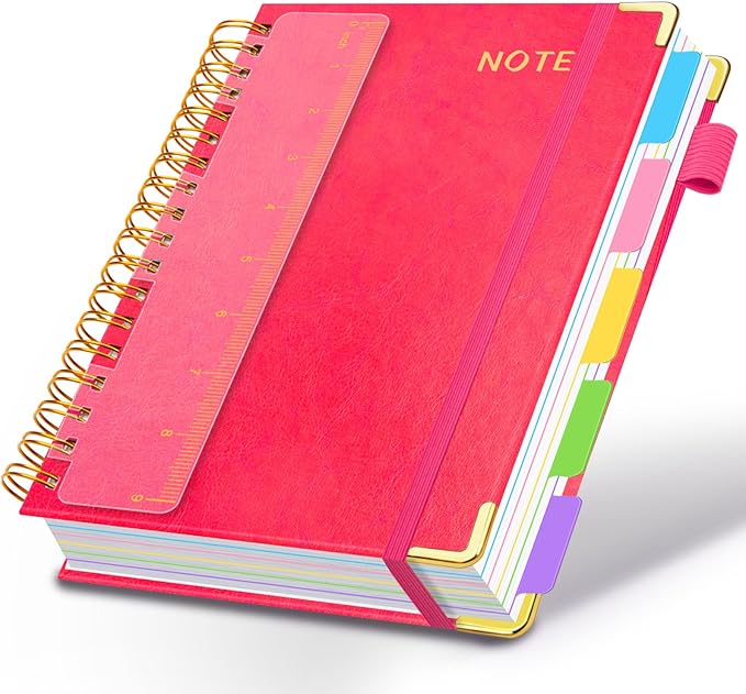 Hardcover Spiral Notebooks for Work 8''x 10'', 300 Pages 5 Subject Notebook with Dividers & Tabs, B5 Spiral Journal for Women, College Ruled Notebooks for School Note-Taking (Rose Red)