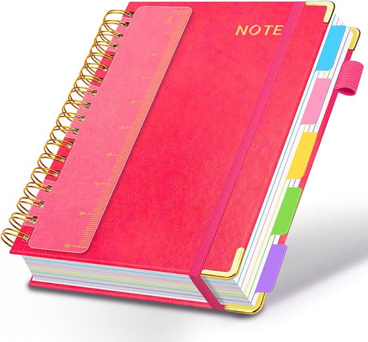 Hardcover Spiral Notebooks for Work 8''x 10'', 300 Pages 5 Subject Notebook with Dividers & Tabs, B5 Spiral Journal for Women, College Ruled Notebooks for School Note-Taking (Rose Red)