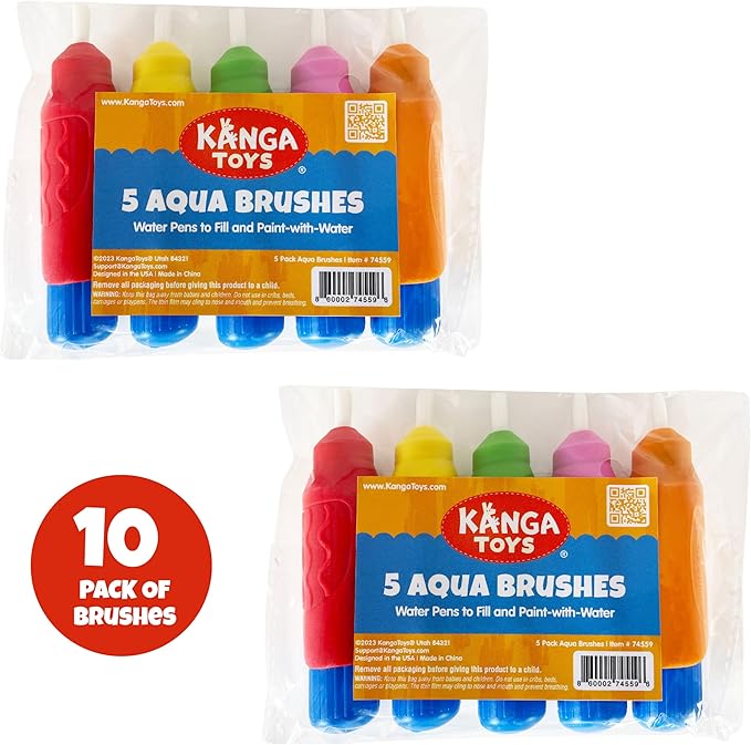 10 Multi-Color Aqua Brushes, Paint with Water Brush Set, Replacement Water Doodle Wow Pens by Kanga Toys for Drawing Books or Magic Mats, for Kids Ages 3+