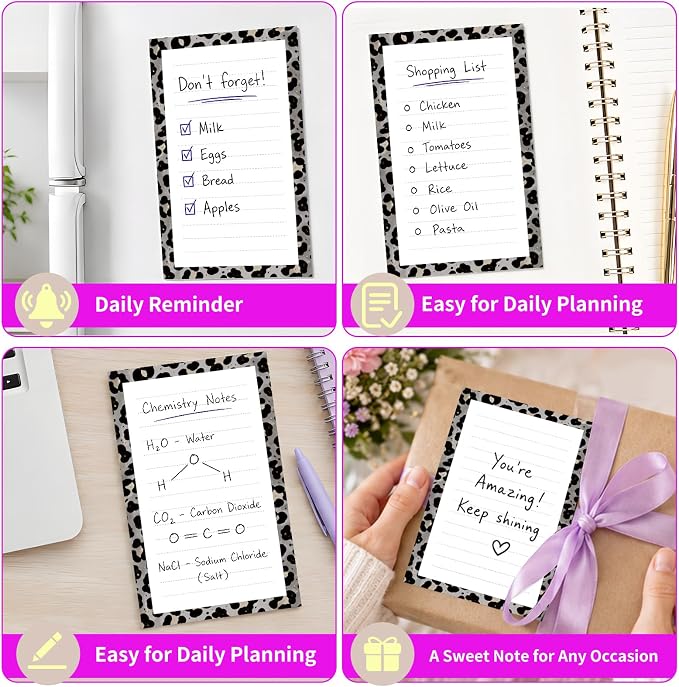 Lined Sticky Notes 4x6 in, 2 Pack Large Cute Notepads with Lines Self-Stick Note Pad, Funny Memo Pads Strong Adhesive for Office, Home Cute Leopard Grey