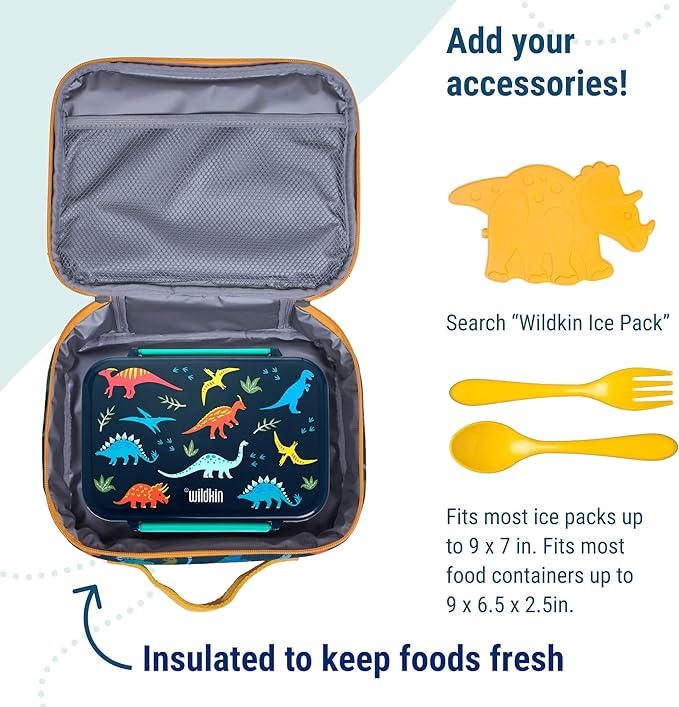 Wildkin Kids Insulated Lunch Box, Keeps Food Hot or Cold, BPA-Free with Mesh Pockets & Easy-Clean Lining – Ideal for School, Travel & Daycare – Jurassic Dinosaurs