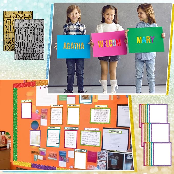 Sinload 92 Pcs Science Fair Board Supplies 60 Trim Scalloped Poster Boards 18 Presentation Subtitles 6 Project Titles 8 Letter Sticker for Classroom Display Boards (Glitter Neon,Wave)