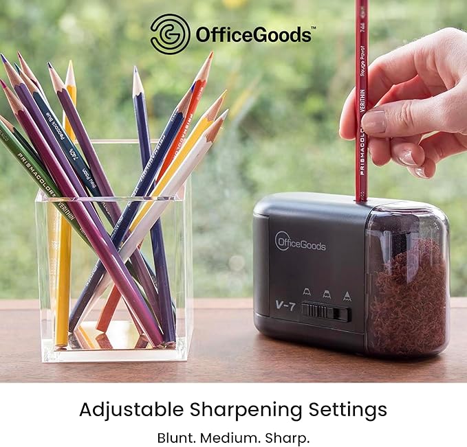 OfficeGoods Electric Pencil Sharpener - Battery or Cord Powered Portable Sharpener - Perfectly Sharpens Colored Pencils, Drafting Pencils for Kids, Adults, Office, School and Home - Black